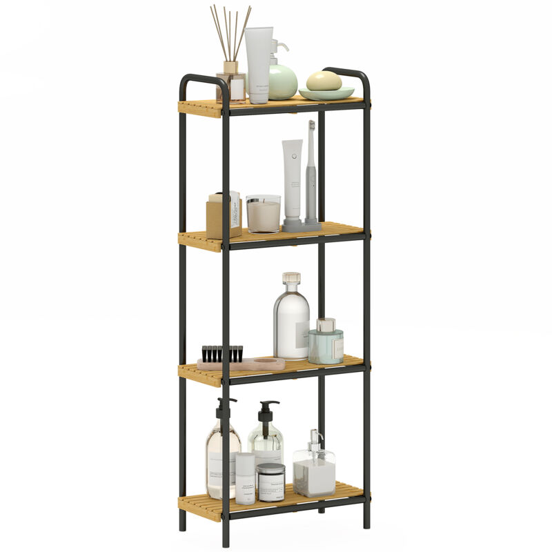 Étagère salle de bain - HOMCOM - 4 niveaux - étroite autoportante - bambou cadre acier - 41,5 x 21,5 x 106 cm - effet bois naturel