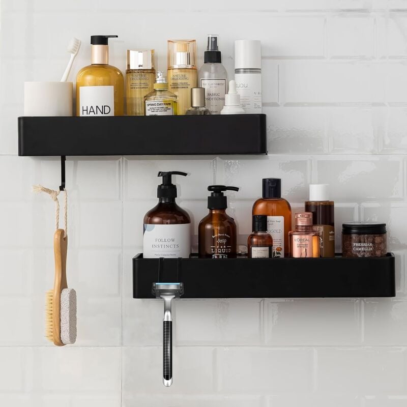 Etagere Salle de Bain Sans Percage, Lot de 2 Etagère Douche Etagère Rangement Acier Inoxy Panier Salle de Bain Mural Drainable avec Crochets