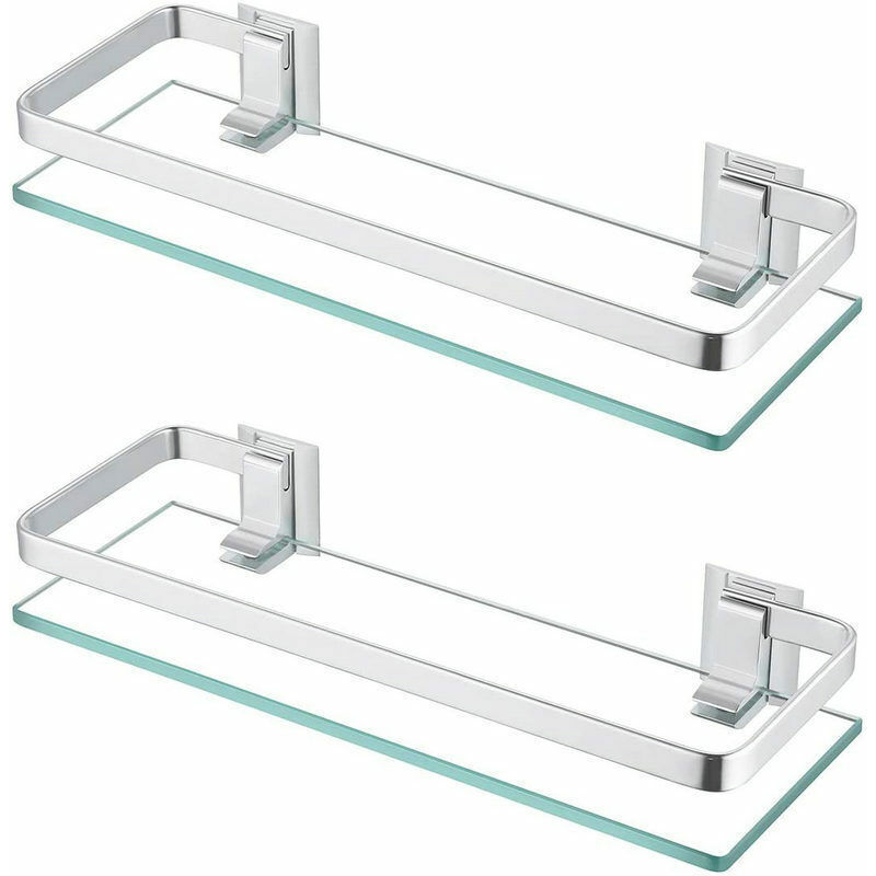 Etagere Salle de Bain Verre Tablette Murale Aluminium 8mm-Épais Verre Trempé Rectangulaire Argent 2 Pièces, A4126A-P2(40CM)