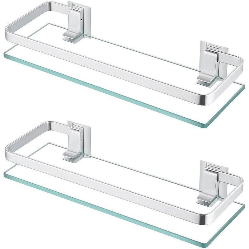 Etagere Salle de Bain Verre Tablette Murale Aluminium 8mm-Épais Verre Trempé Rectangulaire Argent 2 Pièces, A4126A-P2（40CM)