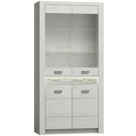 Étagère Serfeno 101, Artisanat blanc, Fermé, Avec des portes, Verre, Stratifié, Le nombre de portes: 4, Nombre de tiroirs: 0, 192x93x42cm, LED: Disponible