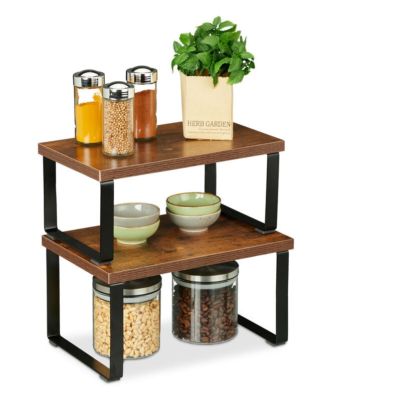 Relaxdays Étagère, set de 2 pièces, organiseur cuisine pour épices, vaisselle et autres, design industriel, marron/noir
