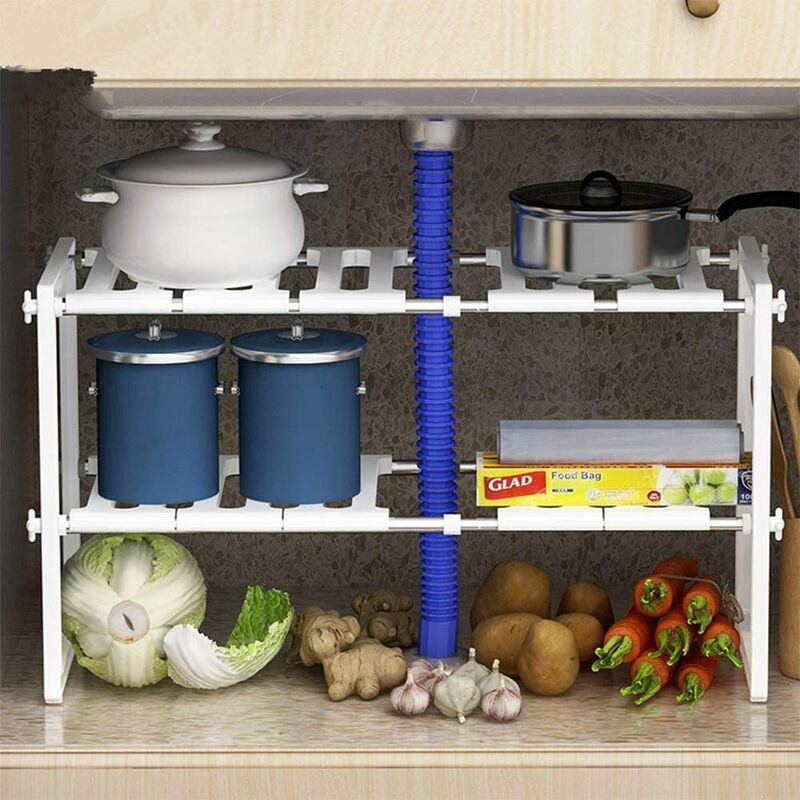 Etagère sous évier, rangement sous évier cuisine, organiseur de placard, téléscopique 35-70 cm, blanc