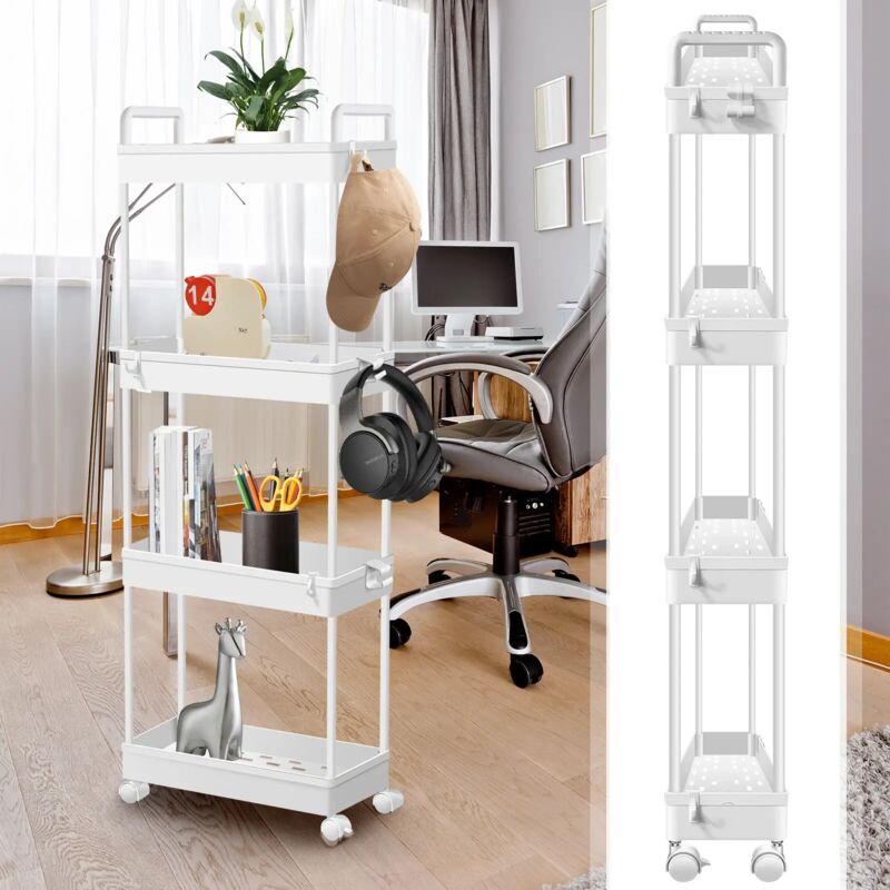 Étagère sur pied Étagère de stockage en métal avec crochets 4 étages Étagère à livres Étagère de cuisine