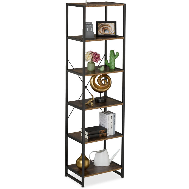 Bibliothèque, Étagère sur pied, HxLxP: 180 x 50 x 35 cm, 6 niveaux ouverts, meuble d'appoint, noir/brun - Relaxdays