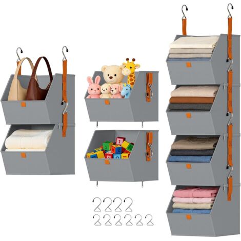 Étagère Suspendue 4 Niveaux Gris – Système de Rangement Vêtements avec Bacs Collapsibles, Optimisation de Placard pour Chambre, Dortoir et RV