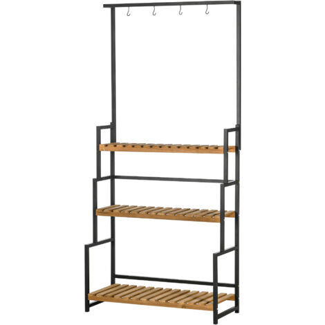 Étagère suspendue en bois 3 niveaux avec barre et 4 crochets pour pots suspendus 80x36x174 cm