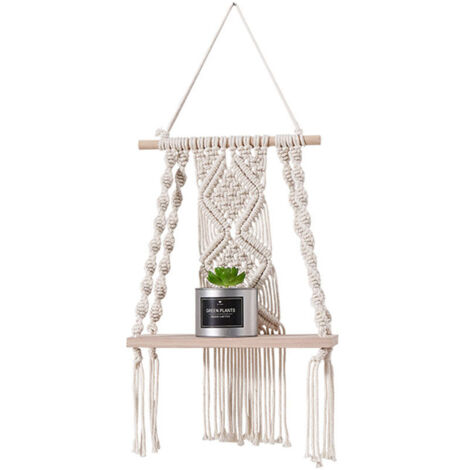 Étagère suspendue en macramé coloris écru, décoration bohème, format 30 × 50 cm