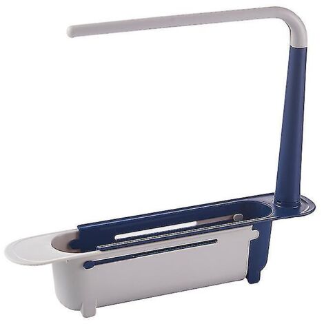 Étagère télescopique bleue pour évier de cuisine, multifonctionnelle, avec porte-torchons suspendu.