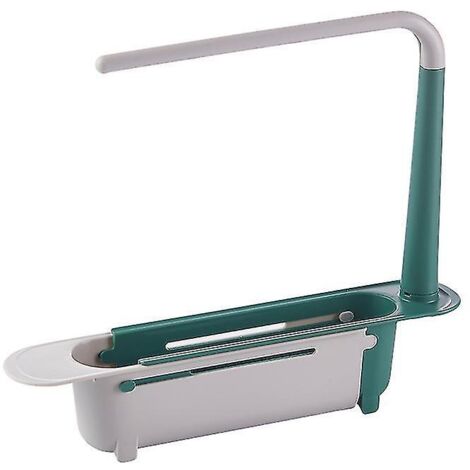 Étagère télescopique verte pour évier avec support de rangement coulissant multifonctionnel pour ustensiles de cuisine et torchons.
