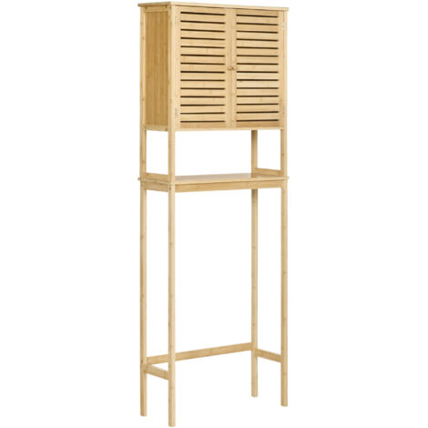 Étagère toilettes, meuble dessus WC, placard 2 portes et étagère ouverte, 60x23x173 cm, bambou.