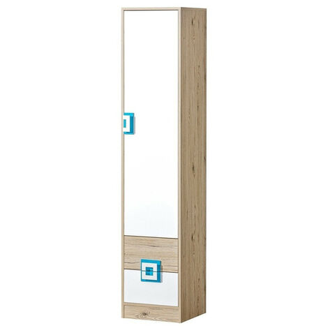 Étagère Tolfere 104, Chêne clair + Blanc + Turquoise, Avec des portes, Fermé, Avec tiroirs, Stratifié, Le nombre de portes: 1, Nombre de tiroirs: 2, 190x40x40cm