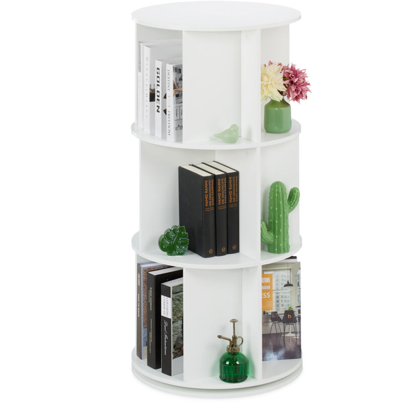 Relaxdays Petite bibliothèque rotative, pour vos bouquins, 15 compartiments, 3 niveaux, H x D : 104 x 50 cm, blanche