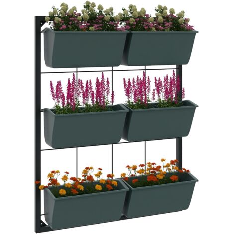 Étagère verticale à trois niveaux pour la culture de légumes, avec 6 pots de fleurs en acier et en plastique, mesurant 52x14x66 cm, vert foncé.