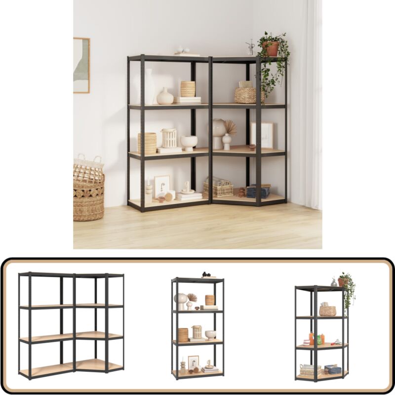 Tagères à 4 niveaux 2pcs Anthracite Acier et bois d'ingénierie - Etagere Industrielle - Rayonnage Metallique - Rangement Atelier - Stockages