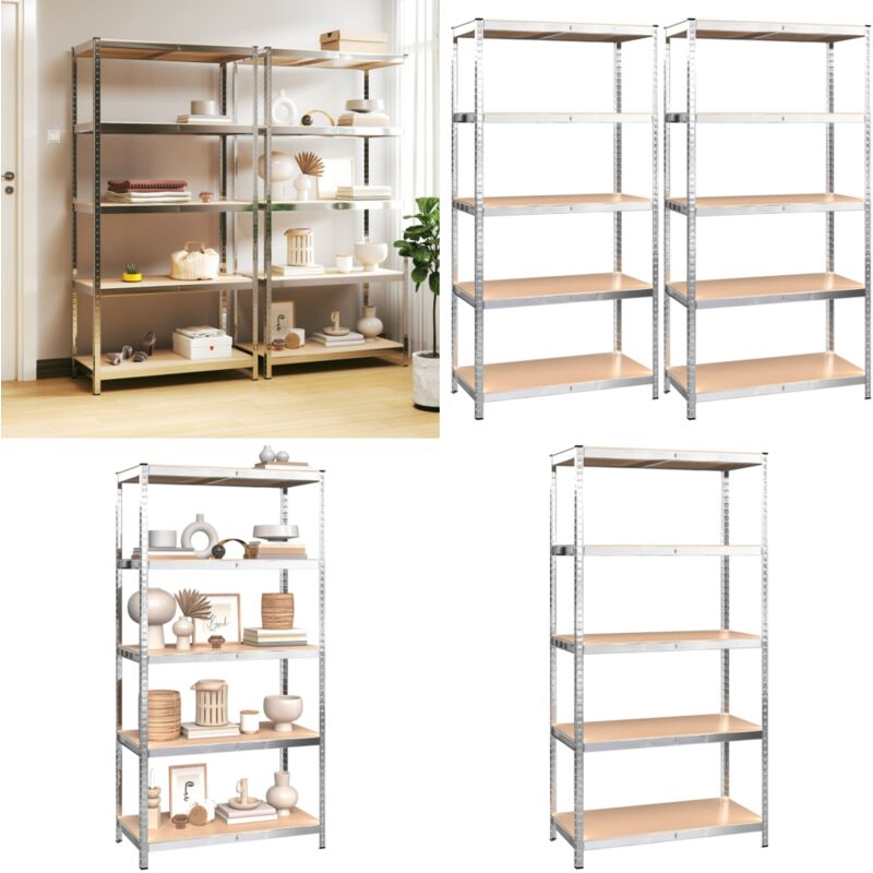 Tagères à 5 niveaux 2 pcs Argenté Acier et bois d'ingénierie - Etagere Industrielle - Rayonnage Metal - Rangement Atelier - Stockages Industriels