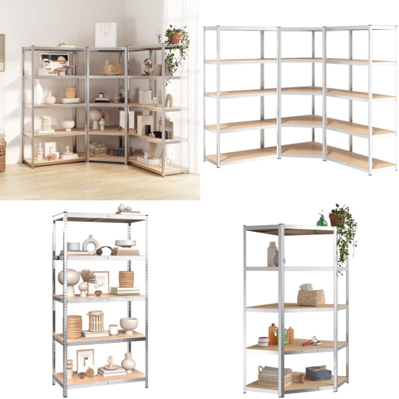 Tagères à 5 niveaux 3 pcs Argenté Acier et bois d'ingénierie - Etagere Industrielle - Rayonnage Metallique - Rangement Atelier - Stockages