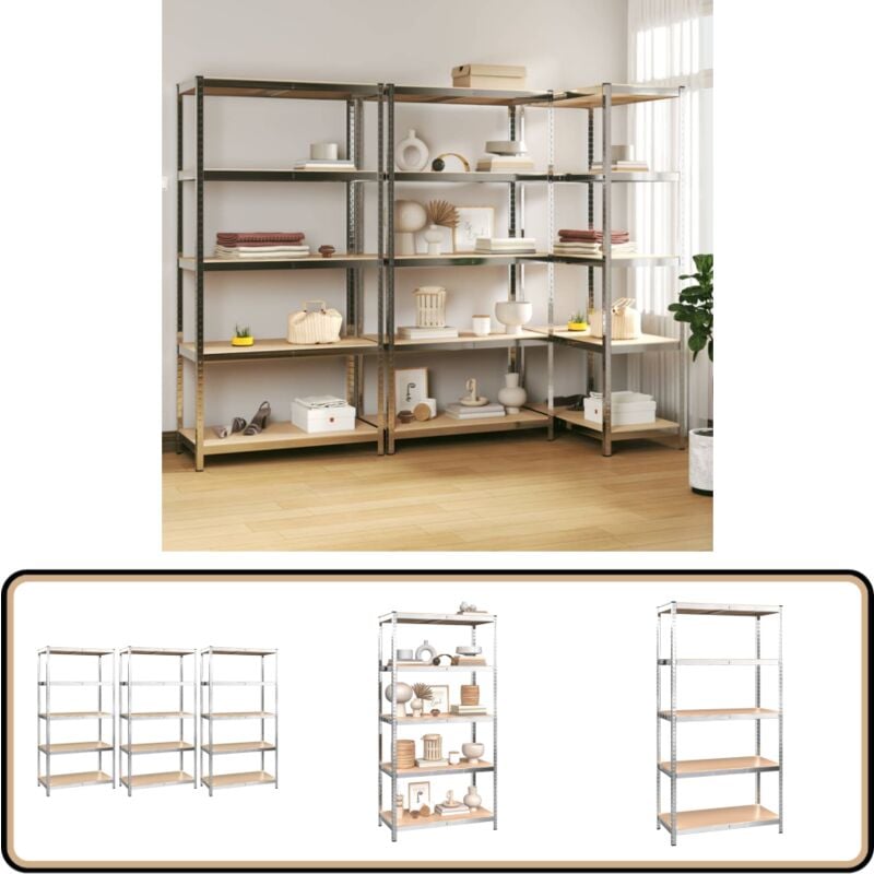 Tagères à 5 niveaux 3 pcs Argenté Acier et bois d'ingénierie - Etagere Industrielle - Rayonnage Metallique - Rangement Atelier - Stockgae