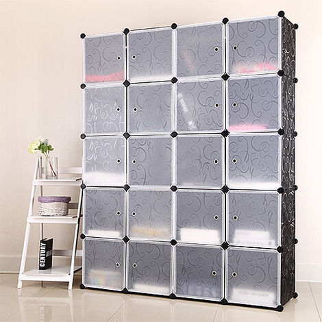 Étagères à Chaussures Étagère de Rangement 20Cubes Armoire avec Portes Plastique Meuble de Rangement de Vêtements&Chaussures Avec Portes Blanc/Noir