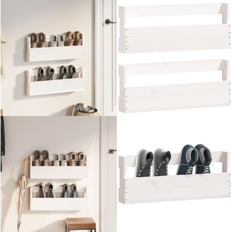Tagères à chaussures murales 2 pcs Blanc 59x9x23 cm Pin massif - Étagères à Chaussures - Rangement Chaussures - Meuble Chaussure - Organisateur
