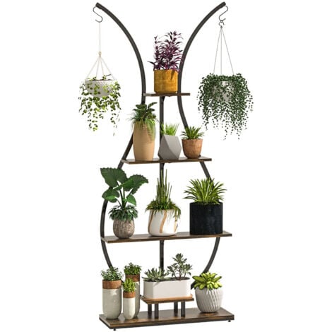 UNHO Étagères à Fleurs en Métal à 5 Niveaux Porte Plantes en Forme de Haute Vase avec 2 Crochets, Plateaux en Bois Vintage Décoration-pour Maison Balcon Jardin Terrasse