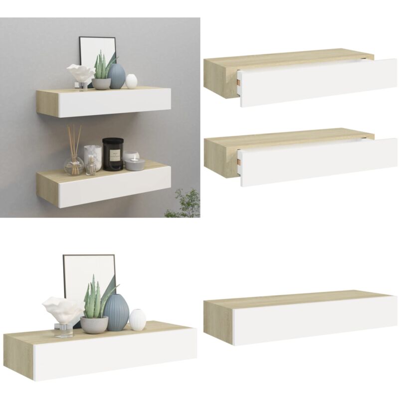 Tagères à tiroir murales 2 pcs Chêne et blanc 60x23,5x10cm mdf - Etagere Murale - Étagère Tiroir - Rangement Mural - Meuble Déco - Meubles Salon