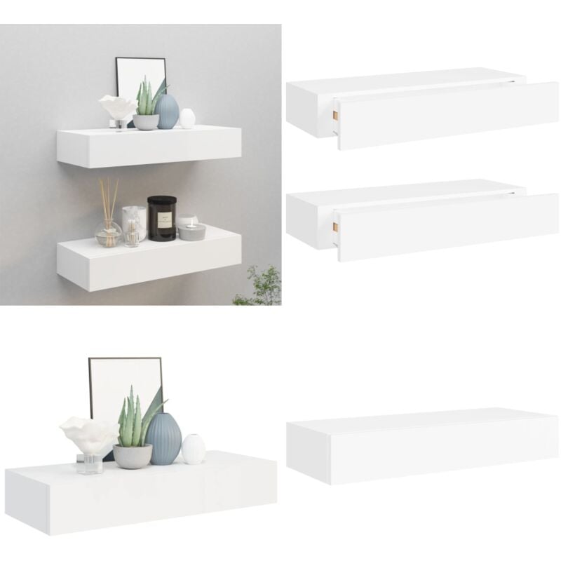 Tagères à tiroirs murales 2 pcs Blanc 60x23,5x10 cm mdf - Etagere Murale - Étagère Tiroir - Rangement Mural - Meuble Déco - Bibliothèque Murale