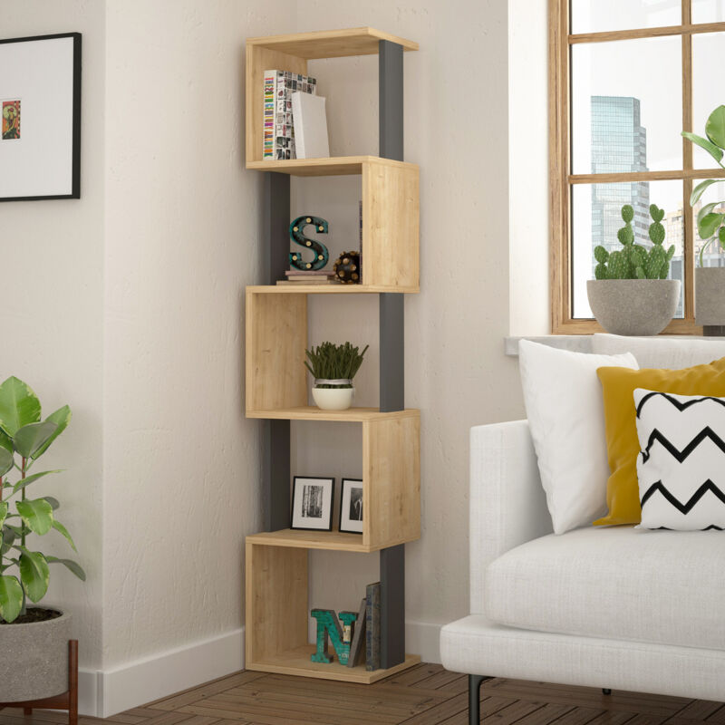 Cotecosy – Étagère d'angle 5 tablettes 35 cm – Panneau mélaminé – Hauteur 161 cm – Design moderne Chêne Sonoma et Anthracite