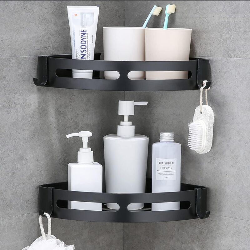 Tagères d'angle de salle de bain coin de caddie de douche avec crochets pas de forage Alunimun étagère de salle de bain organisateur de rangement de