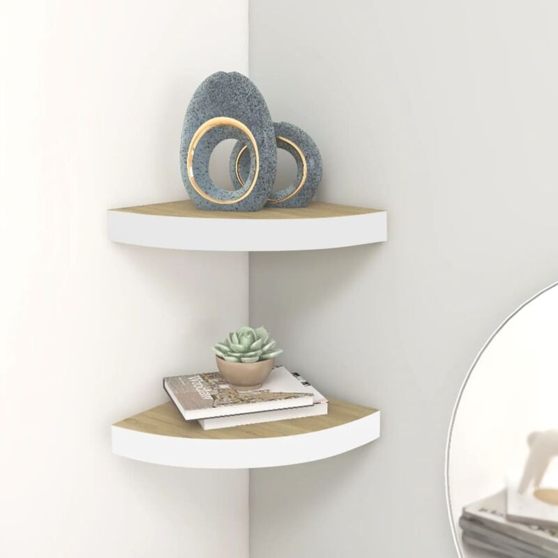 Tagères d'angle murales 2 pcs Chêne et blanc 35x35x3,8 cm mdf