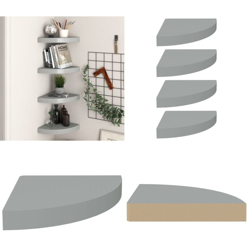 Vidaxl - tagères d'angle flottantes 4 pcs gris 25x25x3,8 cm mdf - Etagere Murale - Étagères Murales - Étagères D'angle - Rangement Mural - Décoration