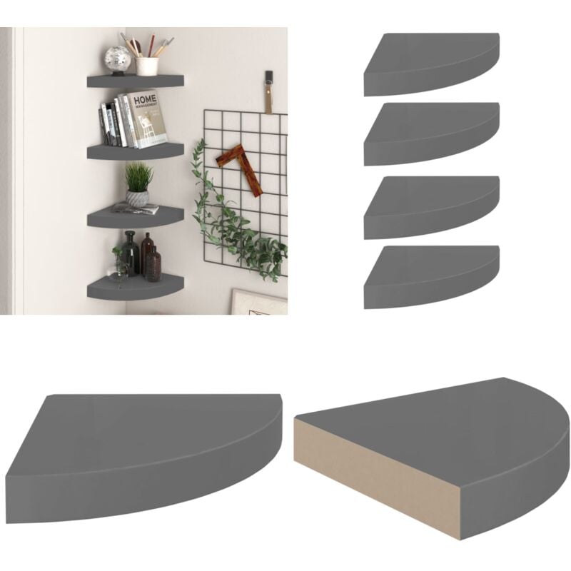 Tagères d'angle flottantes 4 pcs gris brillant 25x25x3,8cm mdf - Etagere Murale - Étagères Murales - Étagères D'angle - Rangement Mural - Décoration