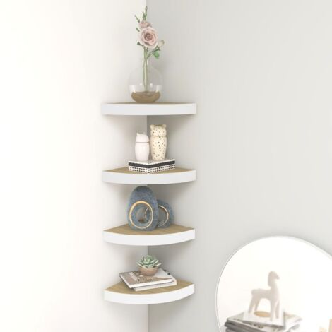 Étagères d'angle murales 4 pcs-Étagère flottante-Étagère de rangement suspendue Chêne et blanc 35x35x3,8 cm MDF 213385