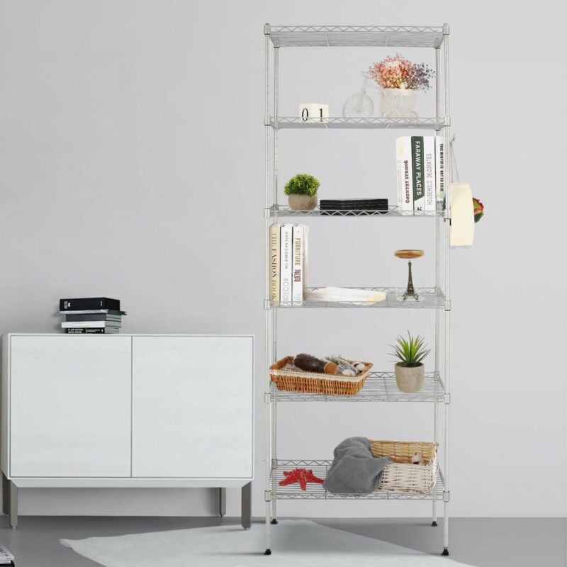 Etagère Métallique de rangement 50x30x160cm - 6 Niveaux - Pieds réglables - pour Cuisine, Salle de bain, Salon, Bureau - Argent