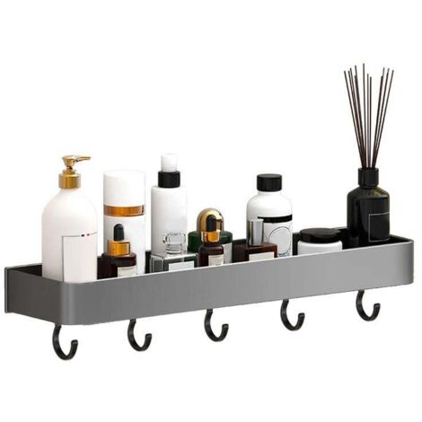 Étagères de rangement murales pour salle de bain, en aluminium, avec crochet. Étagère flottante grise de 30 cm de hauteur, à un seul niveau.