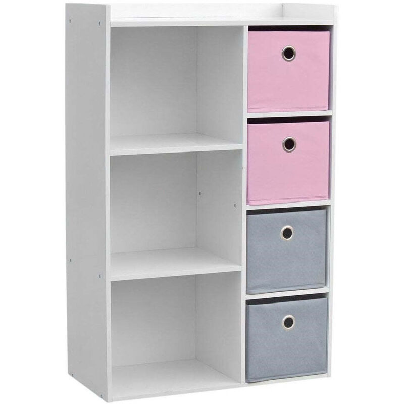 Commode enfant blanche en MDF – 4 paniers rose et gris – Dimensions 62x29,5x96 cm pour rangement jouets et vêtements – Wadiga