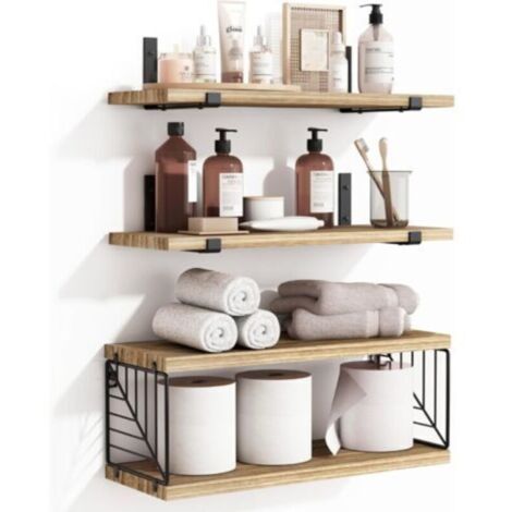 Étagères flottantes de salle de bain à 3 niveaux et 1 niveaux, étagères en bois rustique de 40 cm, décoration murale pour salle de bain, salon, chambre et cuisine (brun rustique)