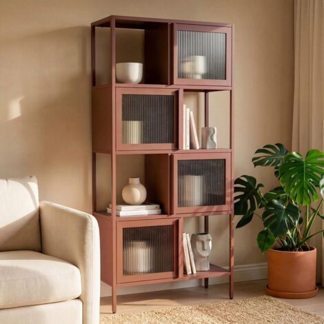 Etagères Métal H.170cm 4 Portes 4 Niches Terracotta Et Verre Cannelé Kiara