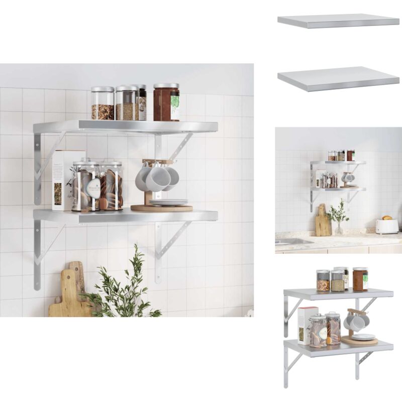 Tagères murales 2 pcs 50x40x3 cm argenté acier inoxydable - Etagere Murale - Étagère Suspendue - Étagère Décoration - Rangement Mural - Meuble Salle