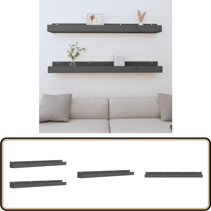 Tagères murales 2 pcs Gris 110x12x9 cm Bois de pin massif - Étagères Murales - Étagères Flottantes - Étagères Bois - Décoration Murale - Rangement