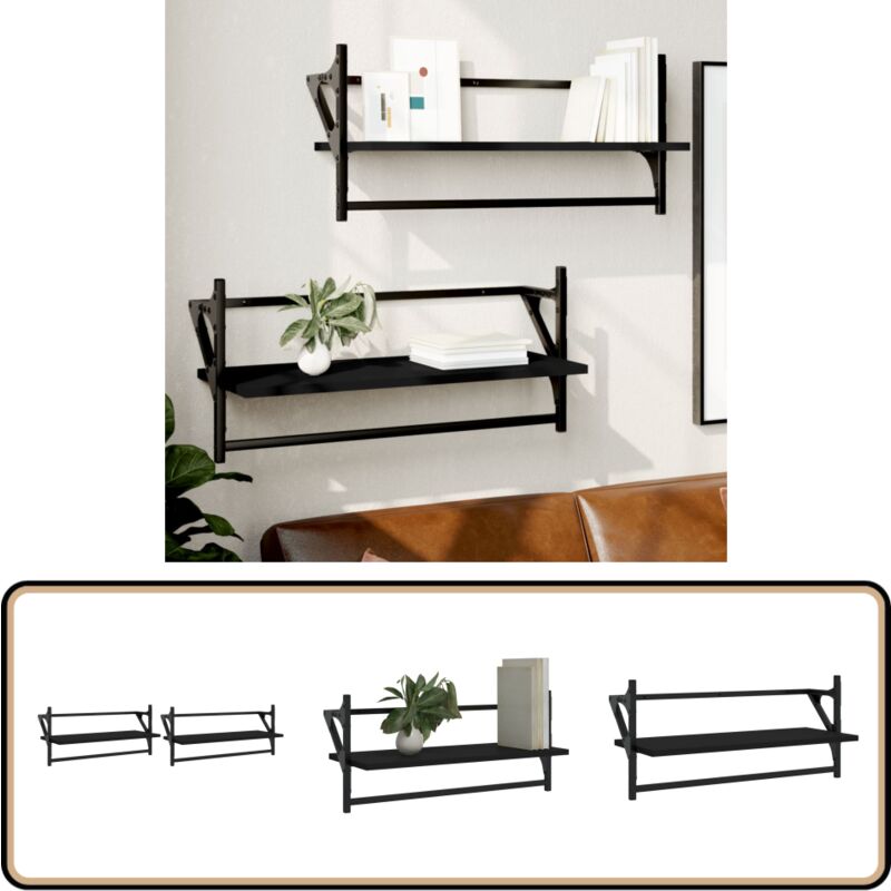 Tagères murales avec barres 2 pcs noir 65x25x30 cm - Etagere Murale - Étagères Murales - Étagère Flottante - Rangement Mural - Décoration Murale