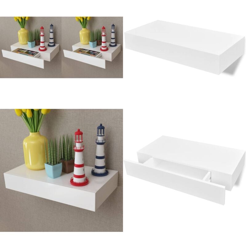 Étagères murales avec tiroirs 2 pcs Blanc 48 cm - Etagere Murale - Étagère Flottante - Rangement Mural - Meuble Décoratif - Étagère Blanche - Home &