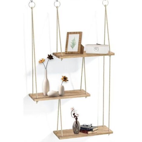 Étagères murales, Étagère de rangement flottante en bois bohème à 3 niveaux avec corde pour décoration murale et suspension de petites plantes pour chambre, salon, cuisine, chambre d'enfant