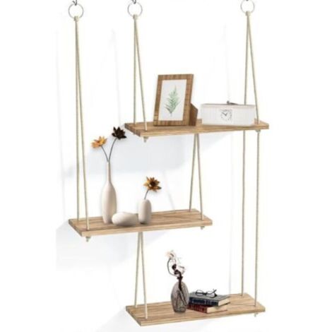 Étagères murales, Étagère de rangement flottante en bois bohème à 3 niveaux avec corde pour décoration murale et suspension de petites plantes pour chambre, salon, cuisine, chambre d'enfant