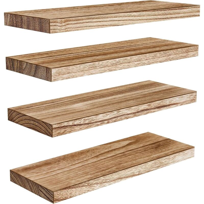 Étagères Murales, Etagere Murale de 40 cm, étagères murales en Bois de Paulownia, Ensemble de 4 étagères en Bois pour Salle de Bain, Chambre, Bureau,