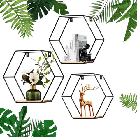 Étagères Murales Hexagonales,Lot de 3 Etagère Murale Noir avec Socle en Bois,Etagere Murale Bois Et Metal Noir Petite Etagere Murale,Etagere Murale Design Étagère Murale Industrielle