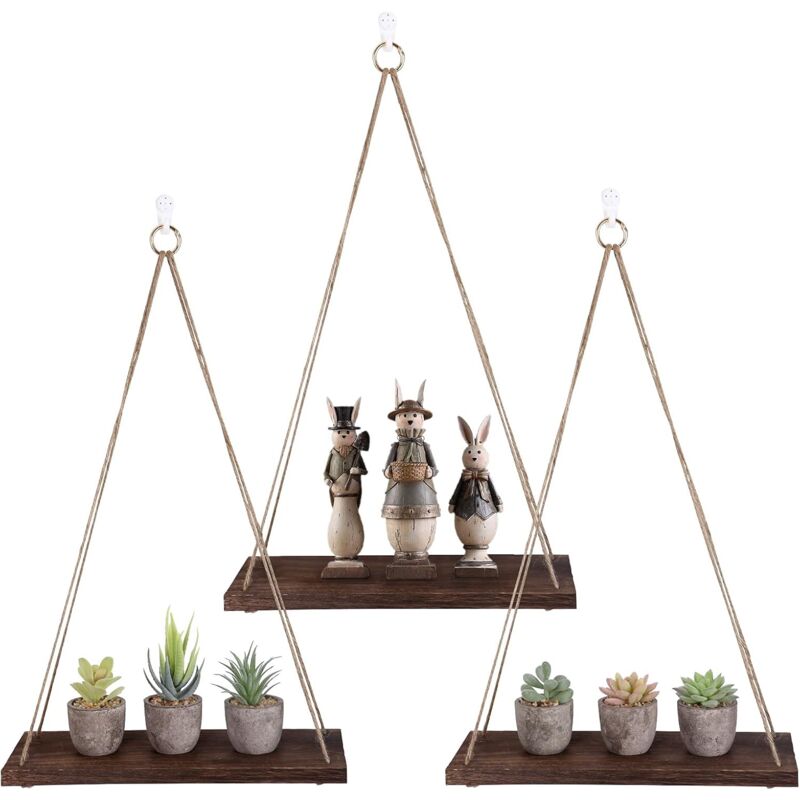 Csparkv - Etagères Murales, Lot de 3 Étagère Murale Bois avec Corde Macramé Boheme Deco, Étagère Decoration Murale, Macrame Mural de Corde de