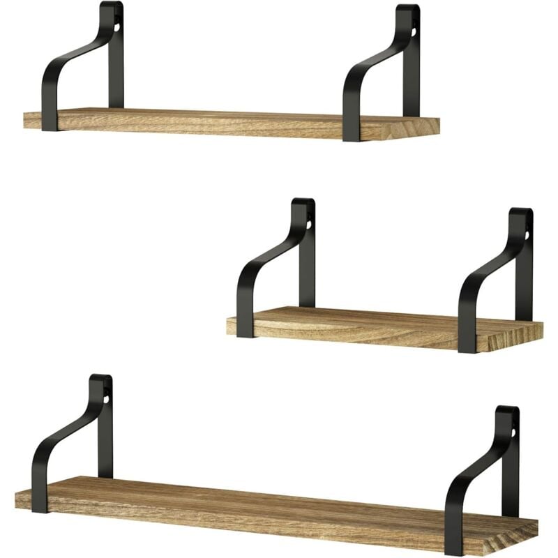 Memkey - Etagères Murales Lot de 3 Etagères Flottantes en Bois et Fer Charge Maximal 20 Kg pour Salon Chambre Bureau Salle de Bains ou Cuisine, Noir