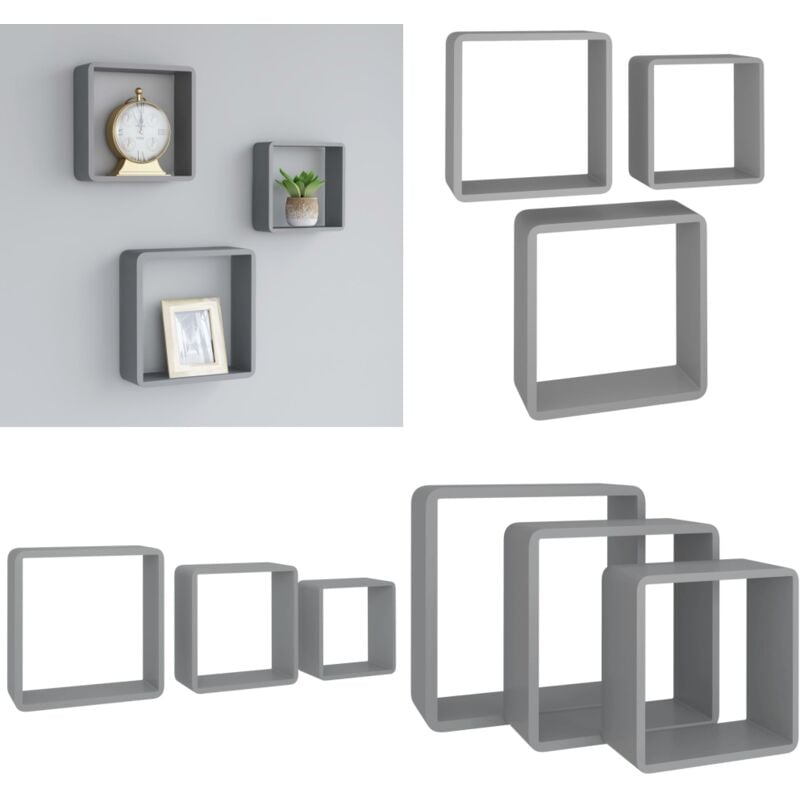 Étagères murales sous forme de cube 3 pcs Gris MDF - Etagere Murale - Etagere Cubique - Rangement Mural - Decoration Murale - Meuble Design - Home &