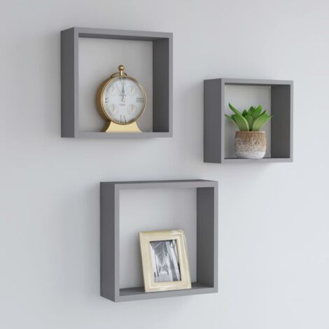 Vidaxl – Étagères murales cube 3 pcs gris MDF – Système de montage invisible – Dimensions 30x10x30 cm – Charge max 5 kg par étagère